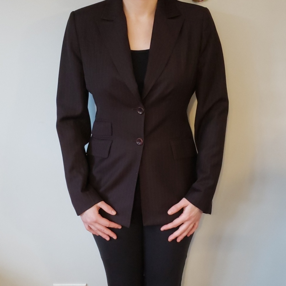 Dark brown pinstripe suit jacket blazer